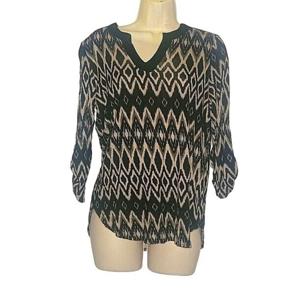 Black Tan Ikat Geometric Diamond Print Roll Tab Sleeve Split Neck Blouse Top